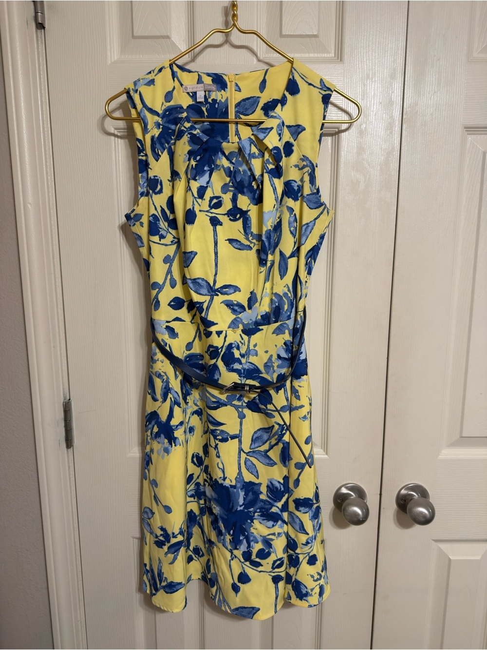 Signature Yellow Midi Dress with Bold Blue Floral Print - Picture 1 of 4